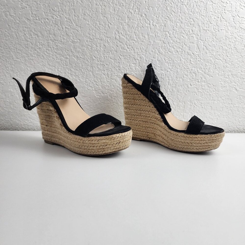 Wild Diva Lounge Black Tan Velvet Espadrille Wedges Size 7 Platform 5" Heel Boho